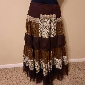 Brown, Corduroy, Velour Long Tiered Skirt